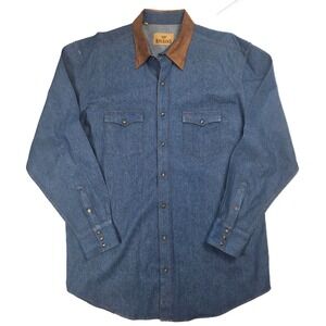 King Ranch Denim Suede Collar Chest Pocket Snap Button L/S Shirt Men's Size XL